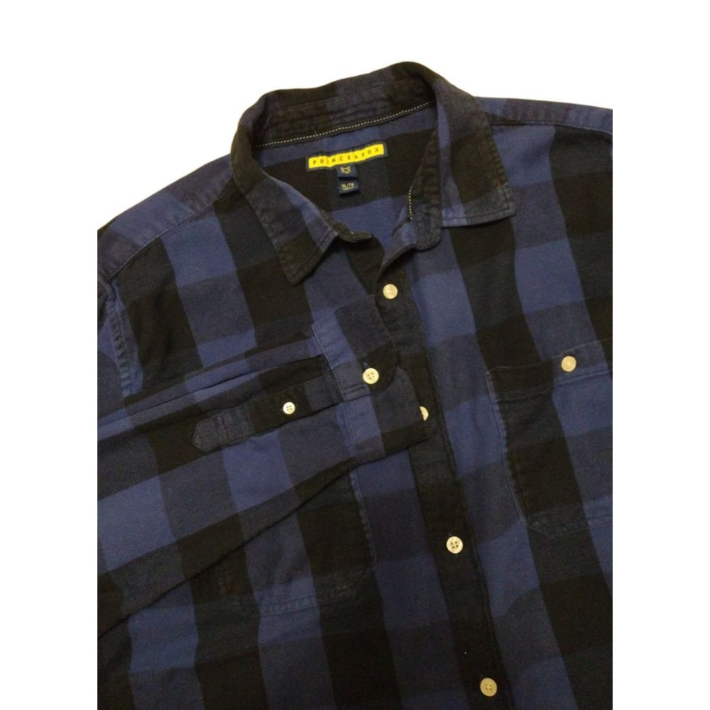 Prince & Fox Button Up Shirt Men XL Blue Plaid‎ Flannel Long Sleeves Pockets